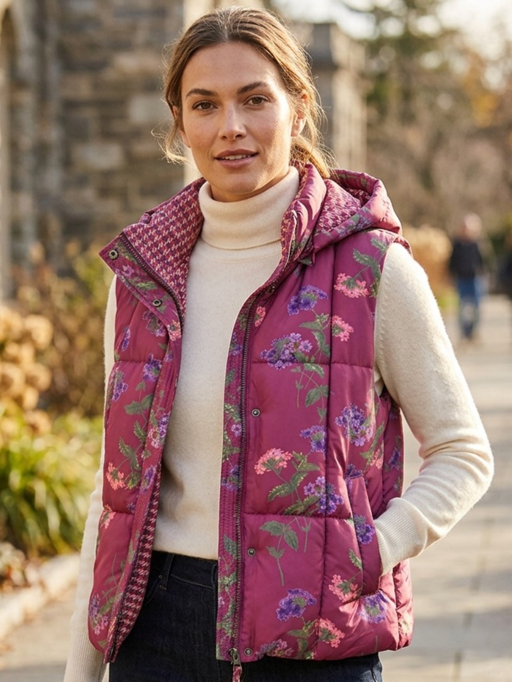 Sundance XXL Reversible Floral Houndstooth Puffer Vest Hood Preppy Fall Coastal